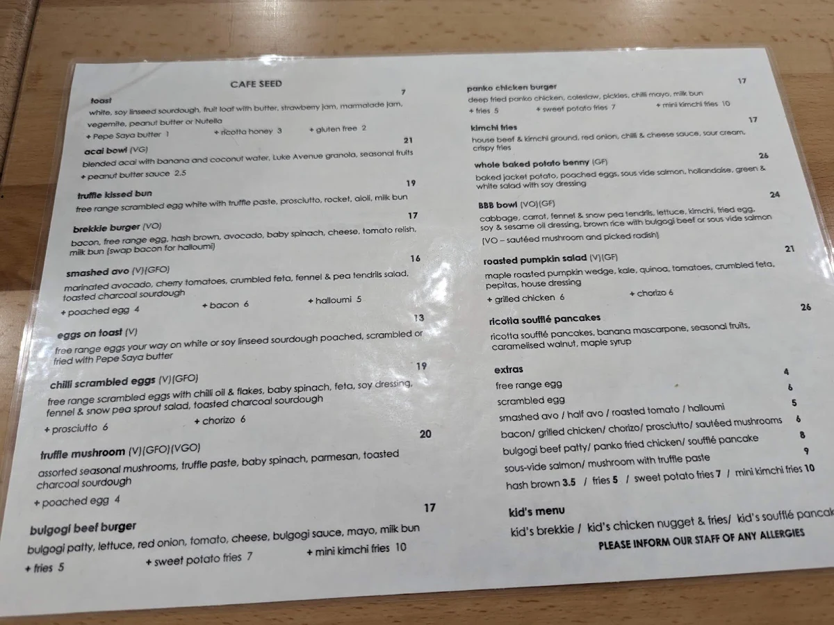 Menu, Cafe Seed Concord