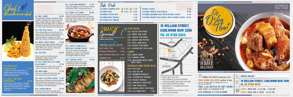 Menu, De Osha Thai Earlwood