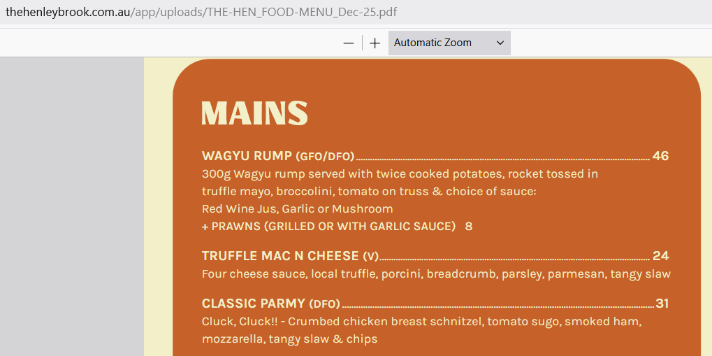 Menu, The Henley Brook
