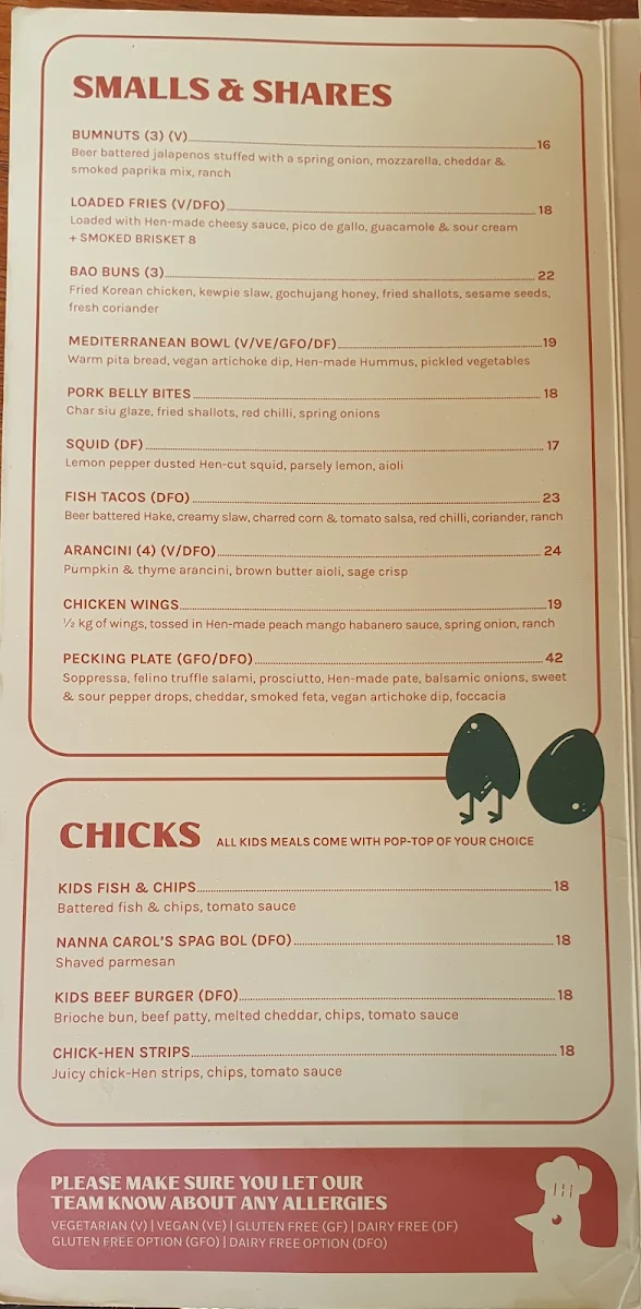Menu, The Henley Brook