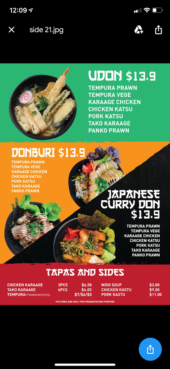 Menu, Wasai Sushi