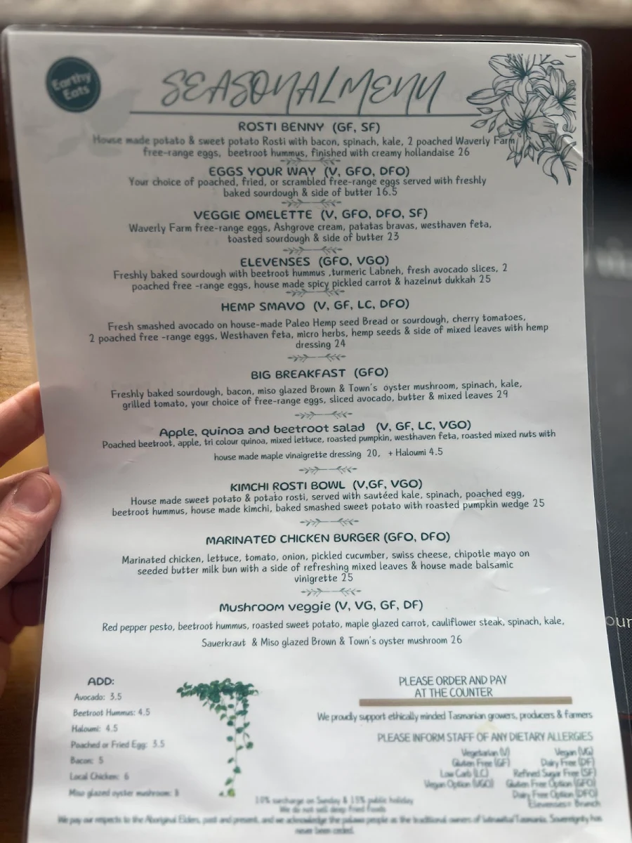 Menu, Earthy Eats