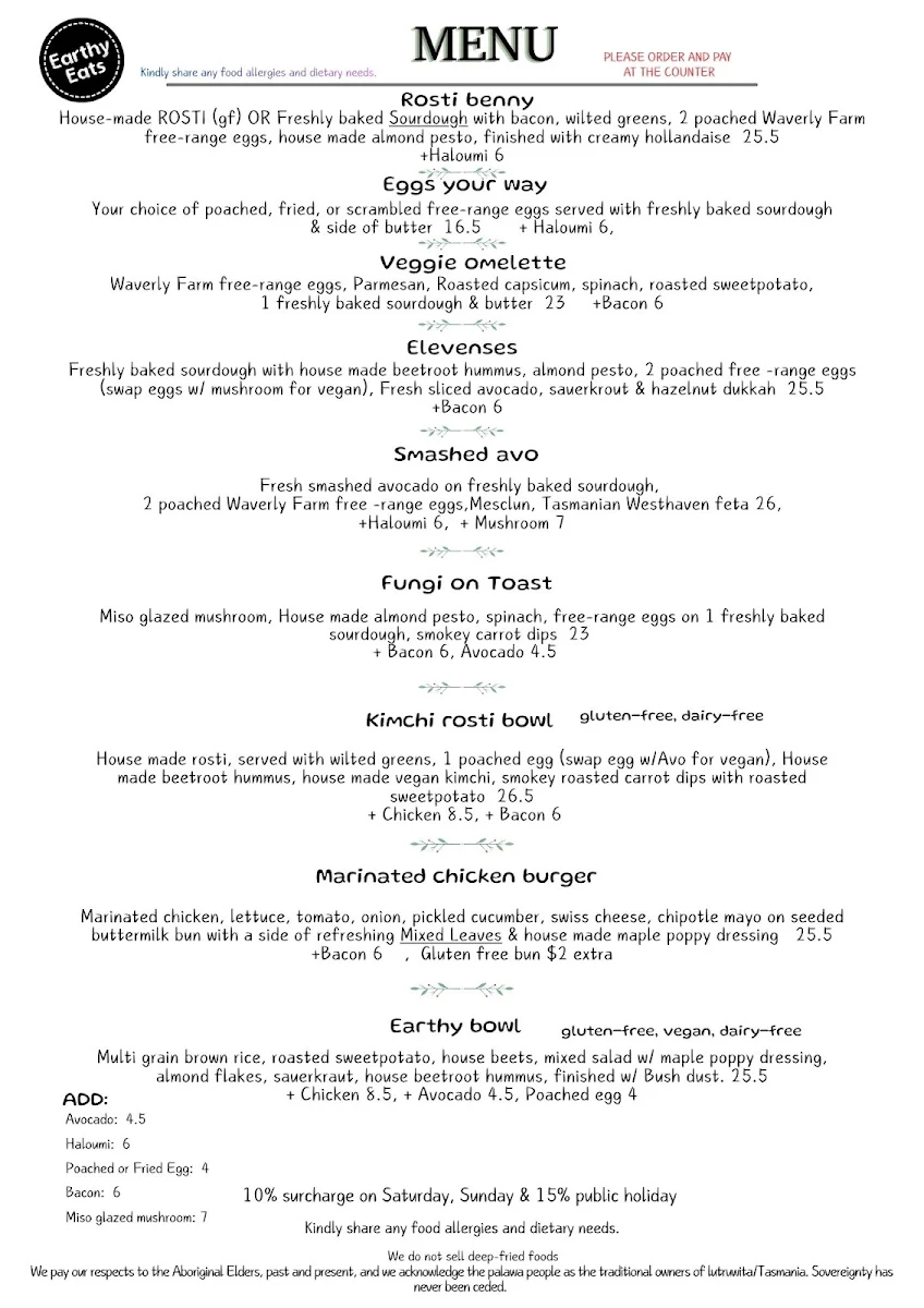 Menu, Earthy Eats