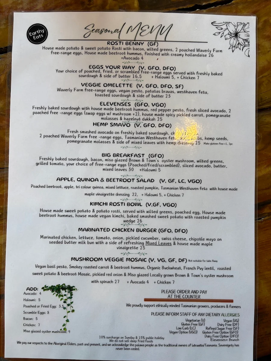 Menu, Earthy Eats