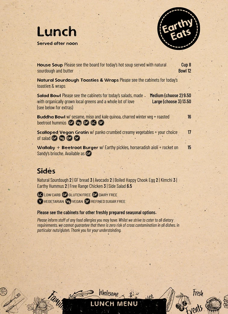 Menu, Earthy Eats