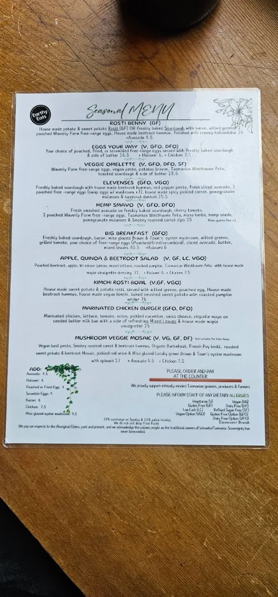 Menu, Earthy Eats