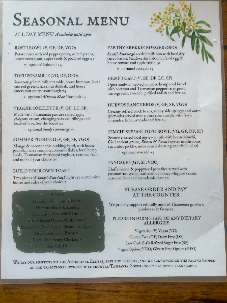 Menu, Earthy Eats