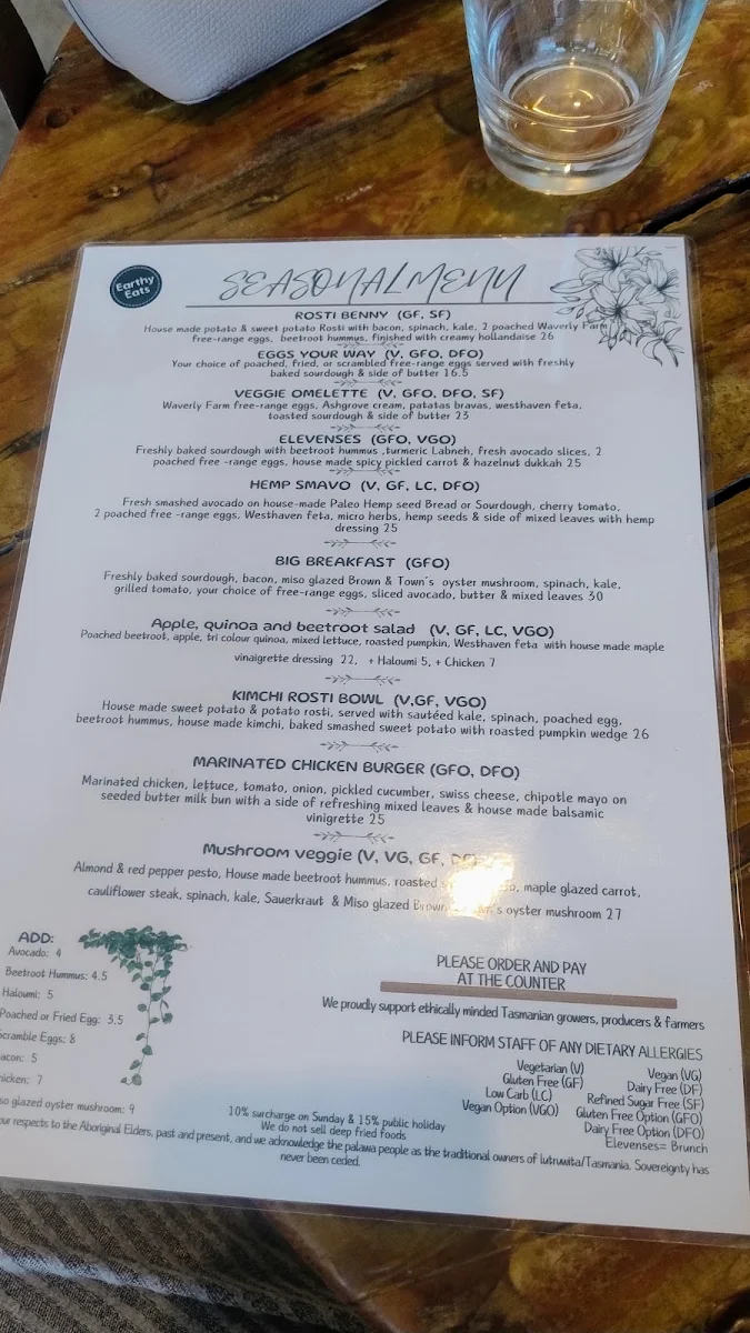 Menu, Earthy Eats