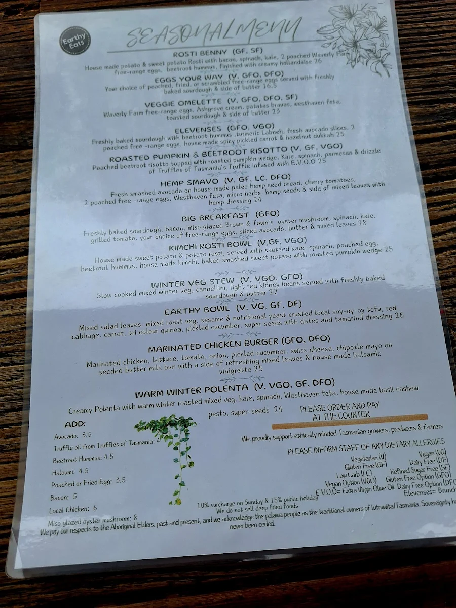 Menu, Earthy Eats
