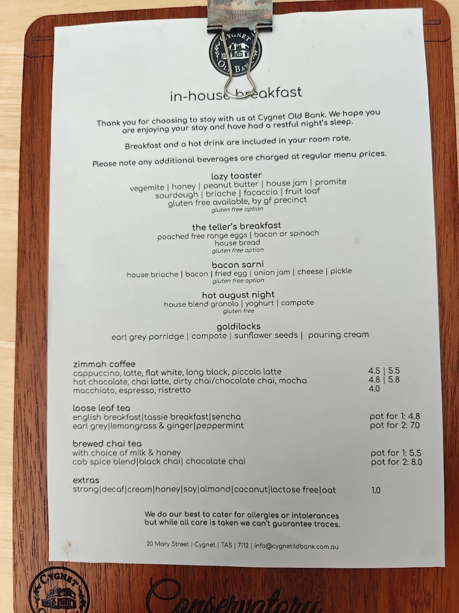 Menu, Cygnet Conservatory Cafe @ Cygnet Old Bank