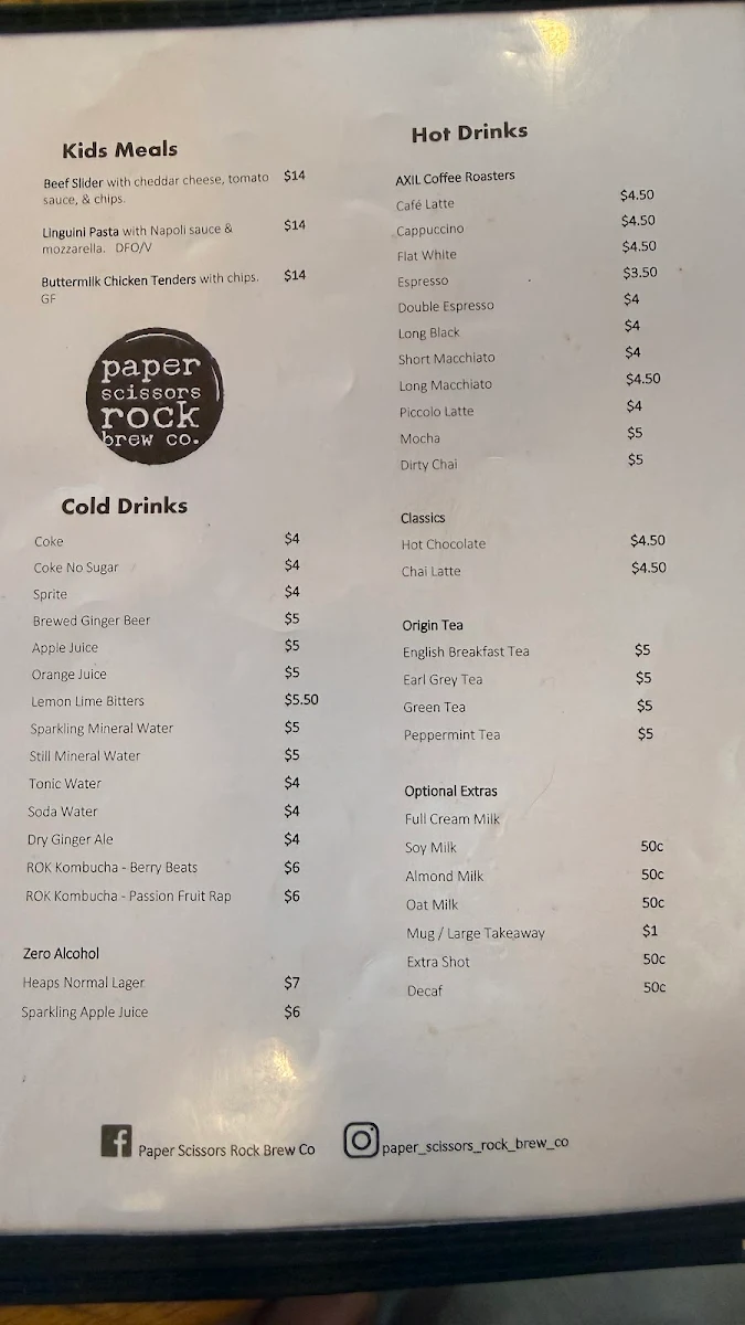 Menu, Paper Scissors Rock Brew Co