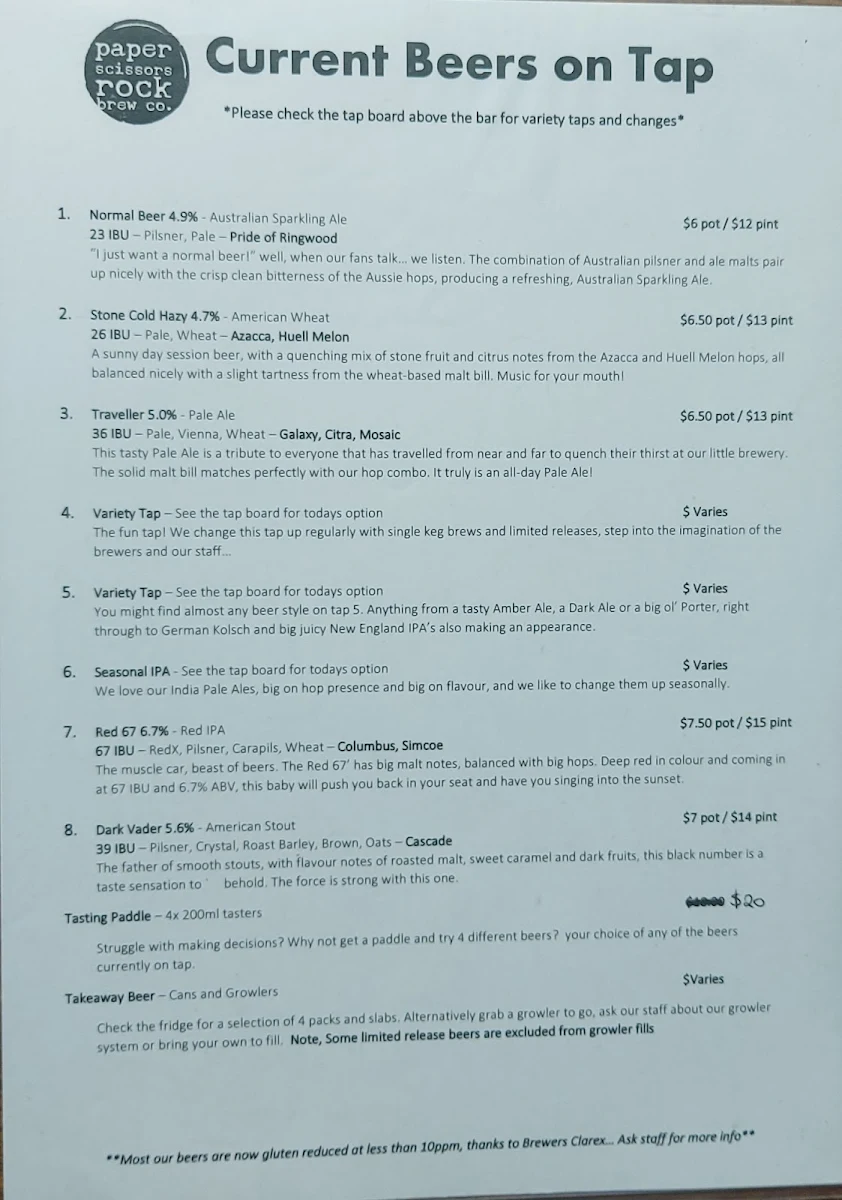 Menu, Paper Scissors Rock Brew Co