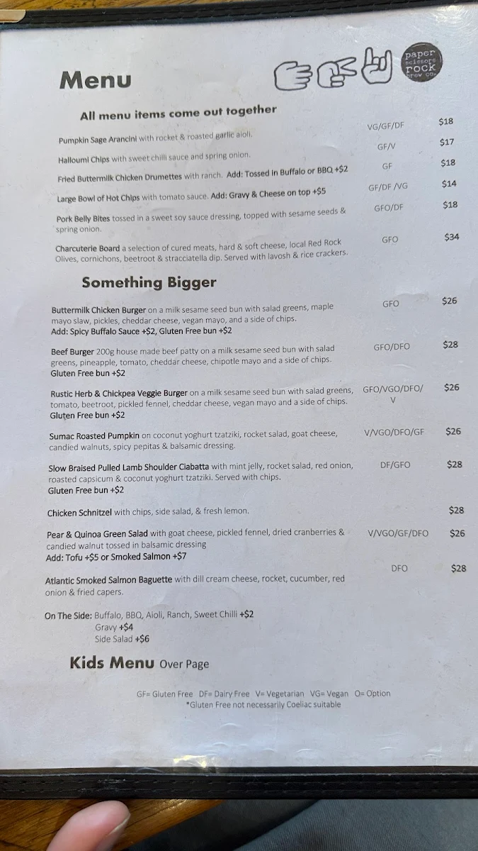 Menu, Paper Scissors Rock Brew Co