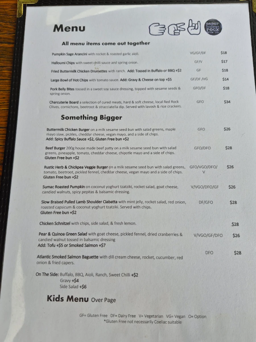 Menu, Paper Scissors Rock Brew Co