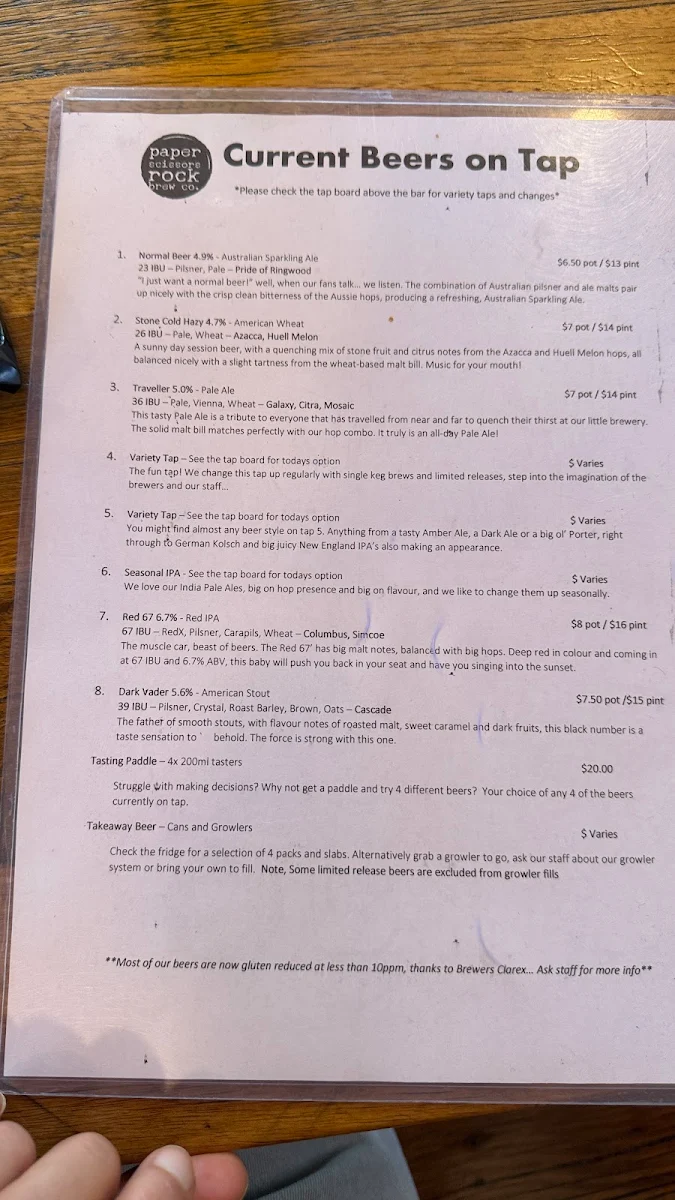 Menu, Paper Scissors Rock Brew Co