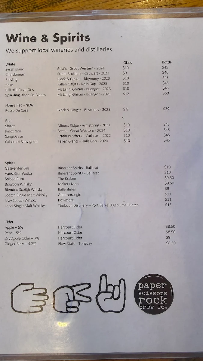 Menu, Paper Scissors Rock Brew Co