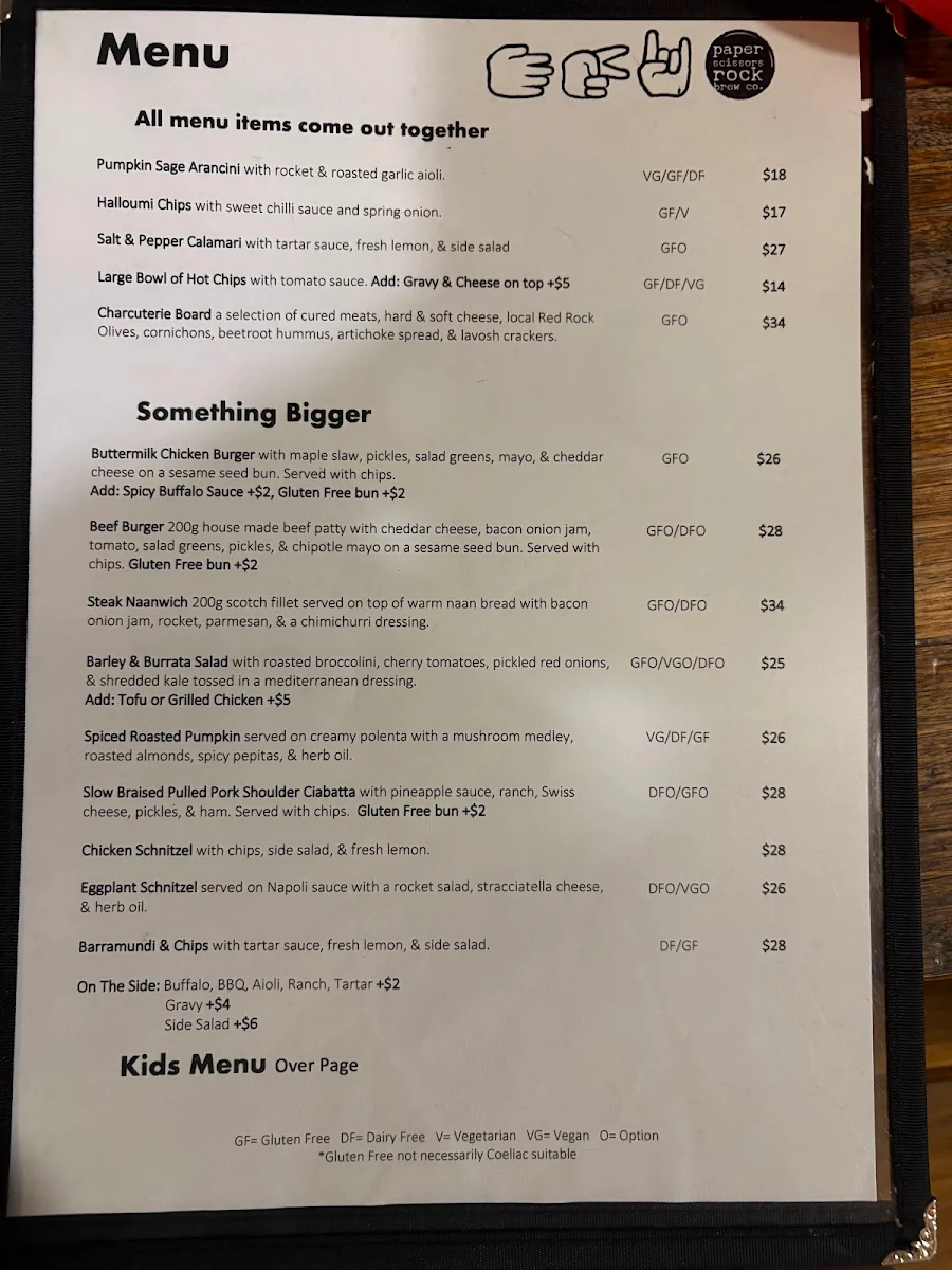 Menu, Paper Scissors Rock Brew Co