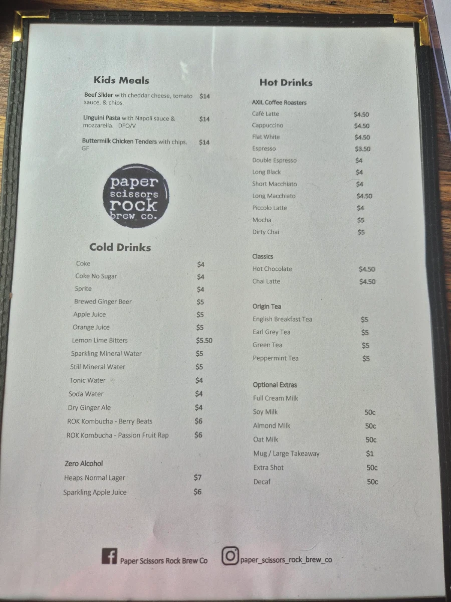 Menu, Paper Scissors Rock Brew Co