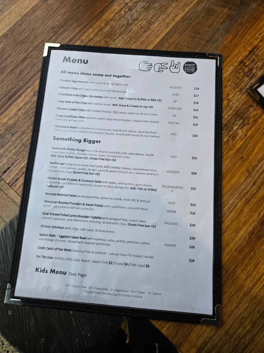 Menu, Paper Scissors Rock Brew Co