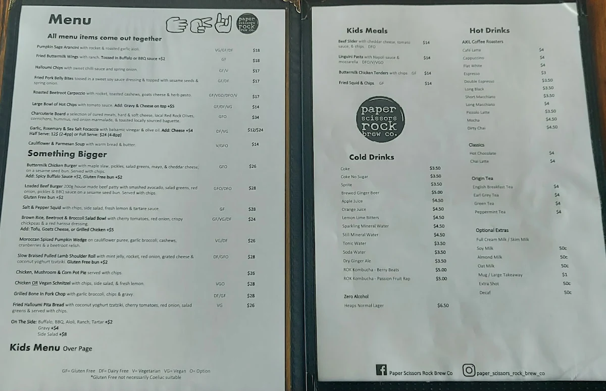 Menu, Paper Scissors Rock Brew Co