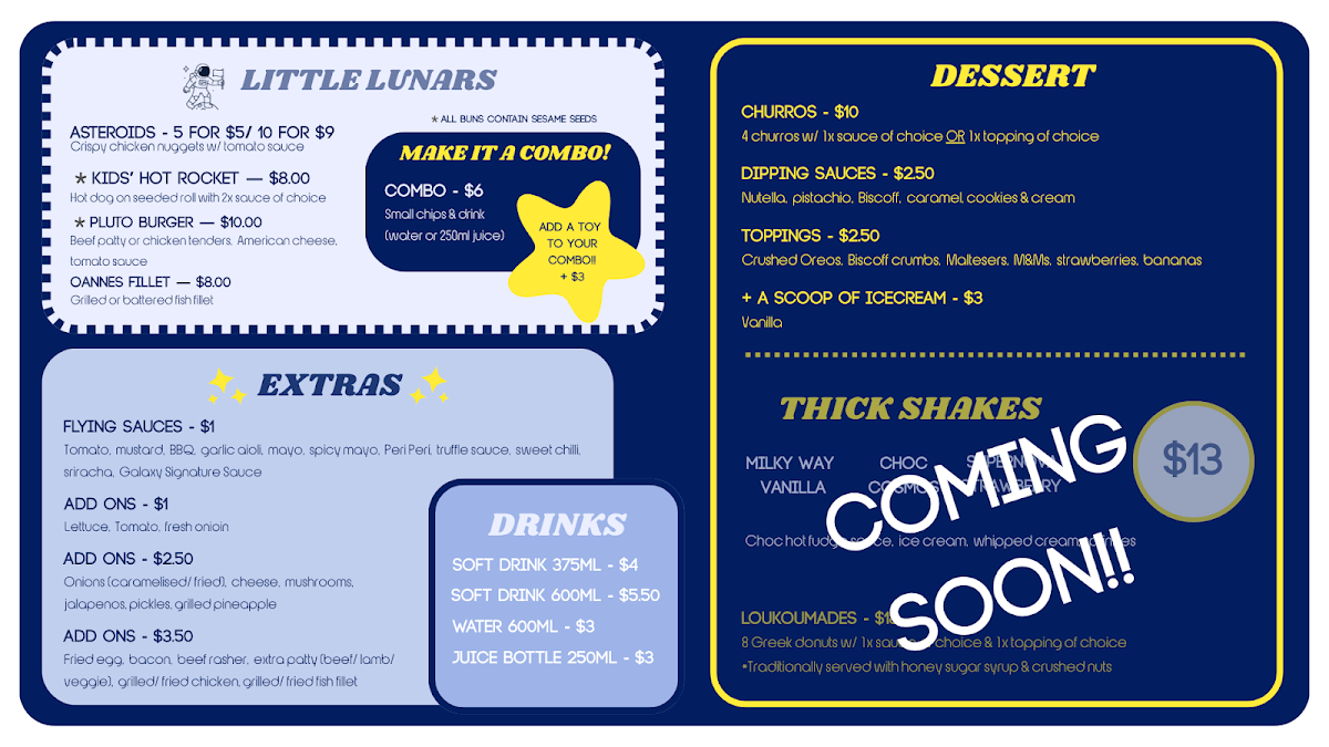 Menu, Burgers Galaxy