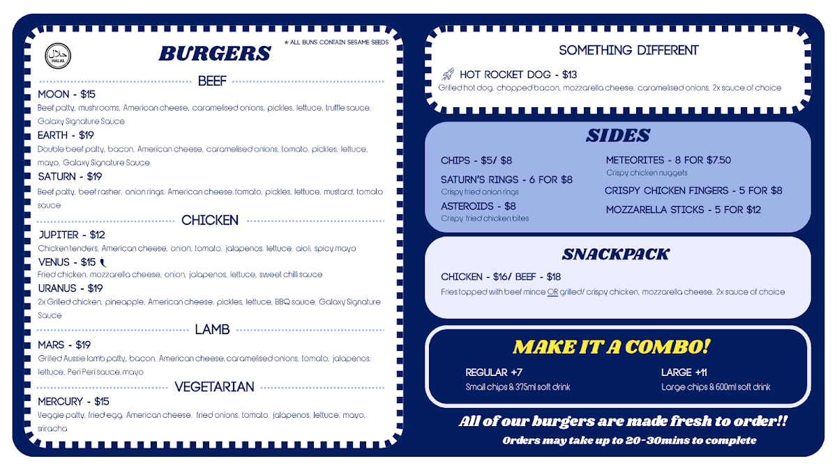 Menu, Burgers Galaxy