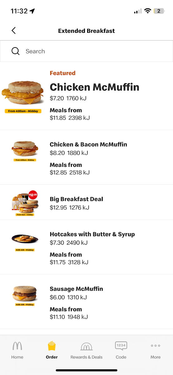 Menu, McDonald's Nambour