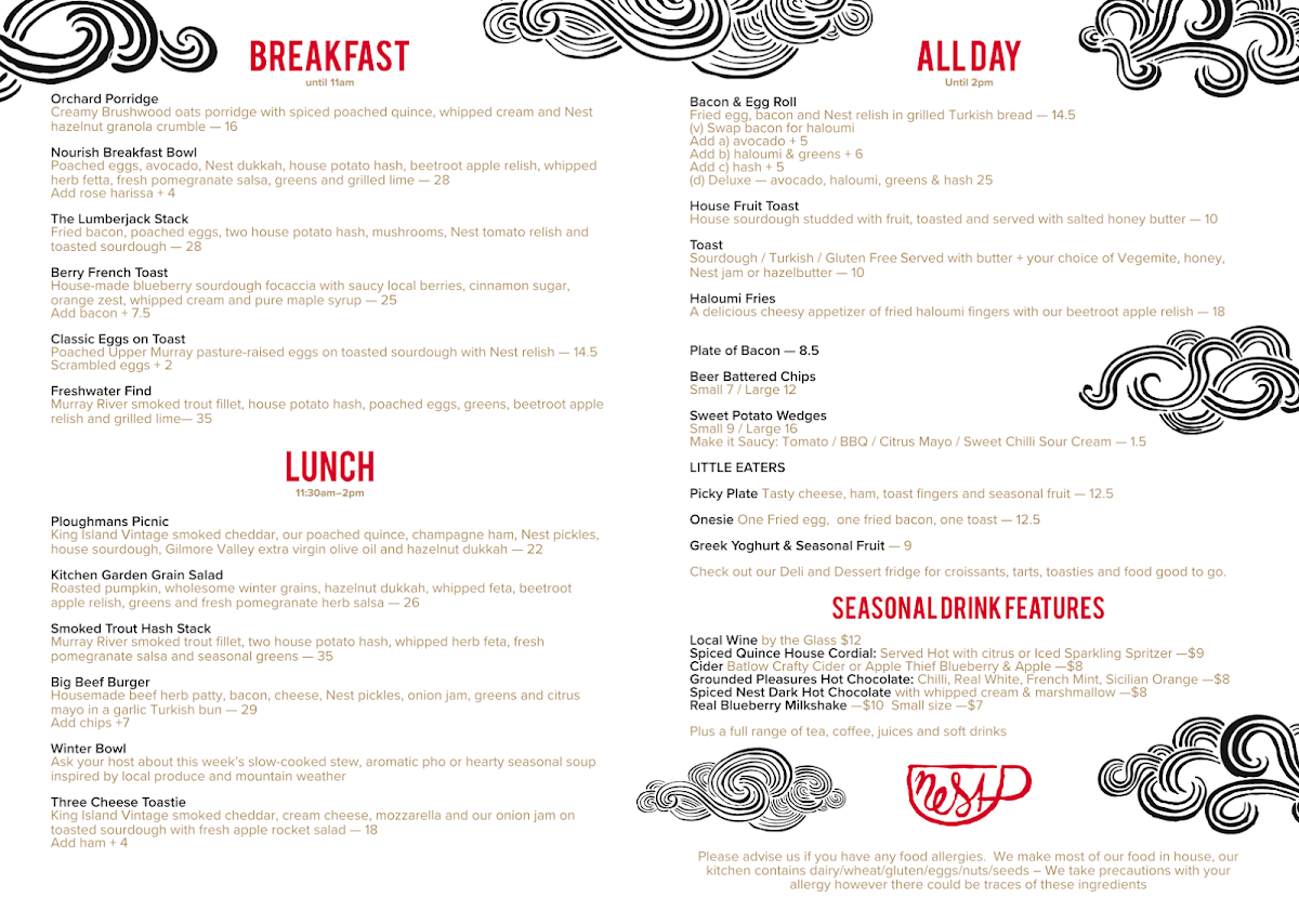 Menu, Nest Cinema Cafe Books