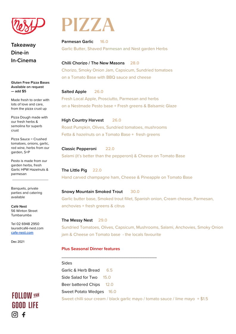 Menu, Nest Cinema Cafe Books