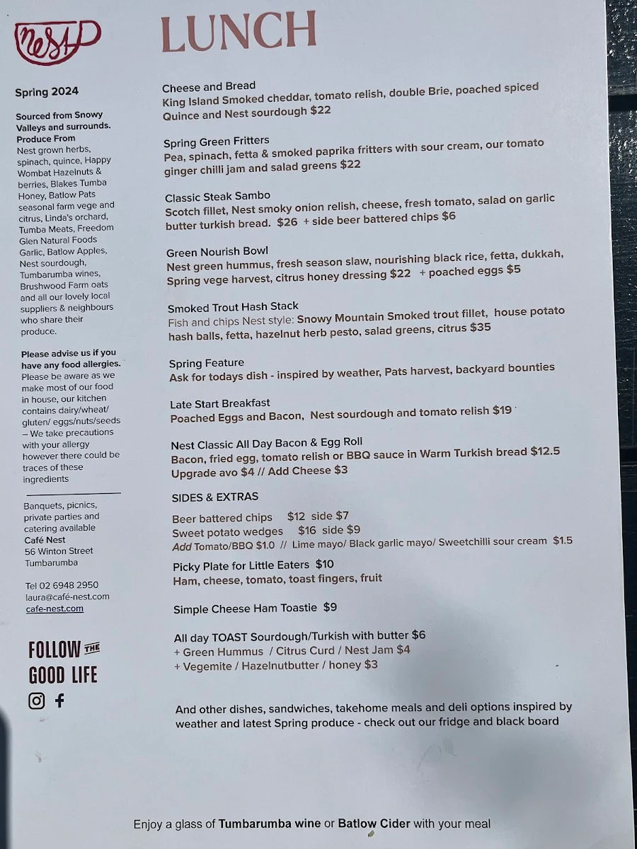 Menu, Nest Cinema Cafe Books