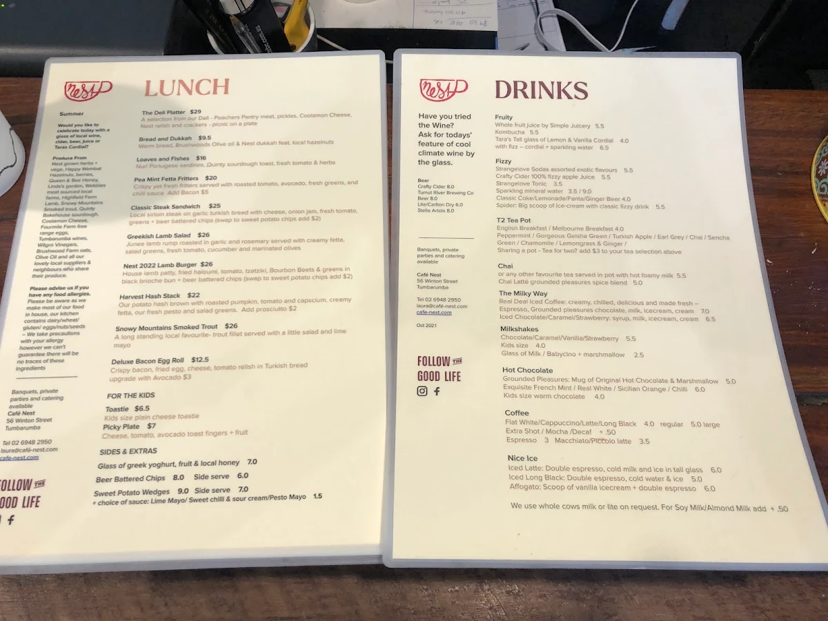 Menu, Nest Cinema Cafe Books