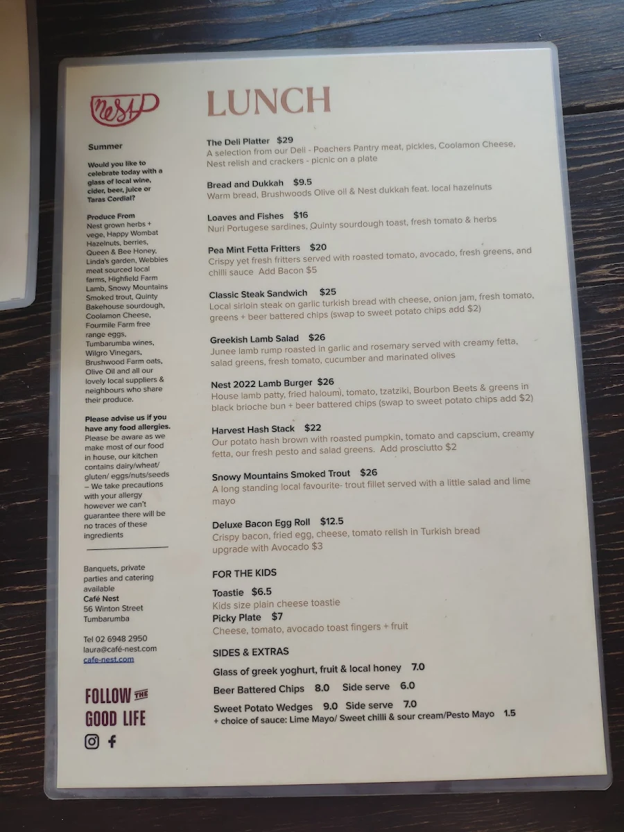 Menu, Nest Cinema Cafe Books