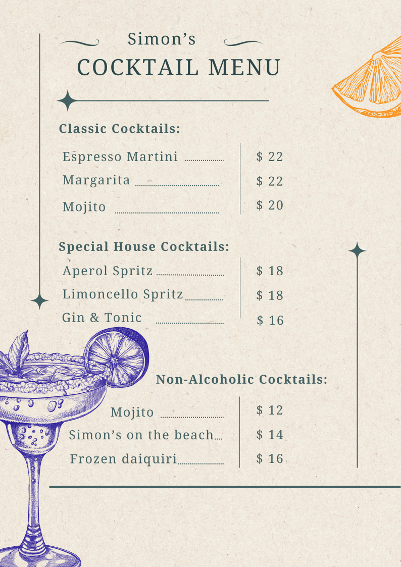 Menu, Seaview Warrnambool