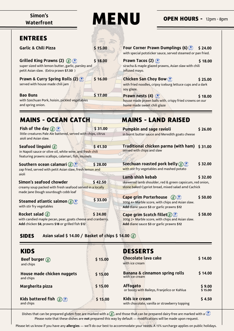 Menu, Seaview Warrnambool