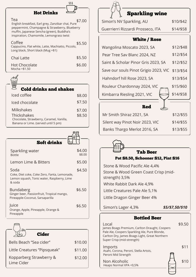 Menu, Seaview Warrnambool