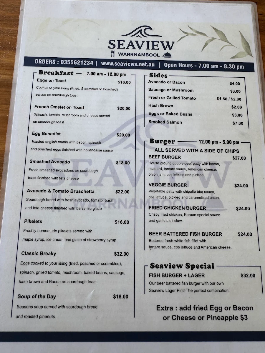 Menu, Seaview Warrnambool