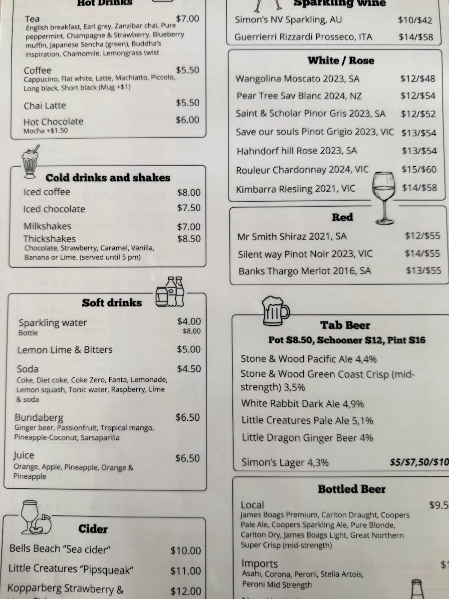 Menu, Seaview Warrnambool