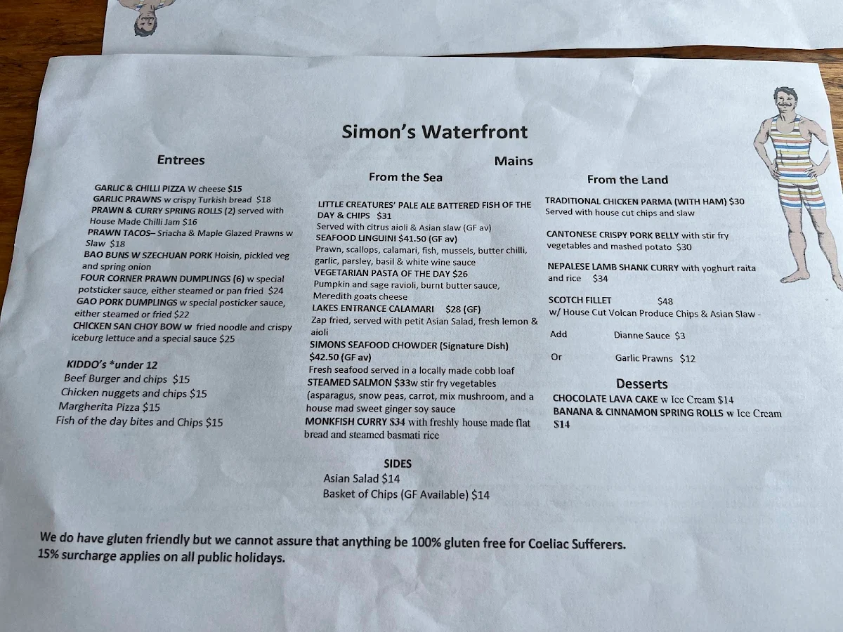 Menu, Seaview Warrnambool