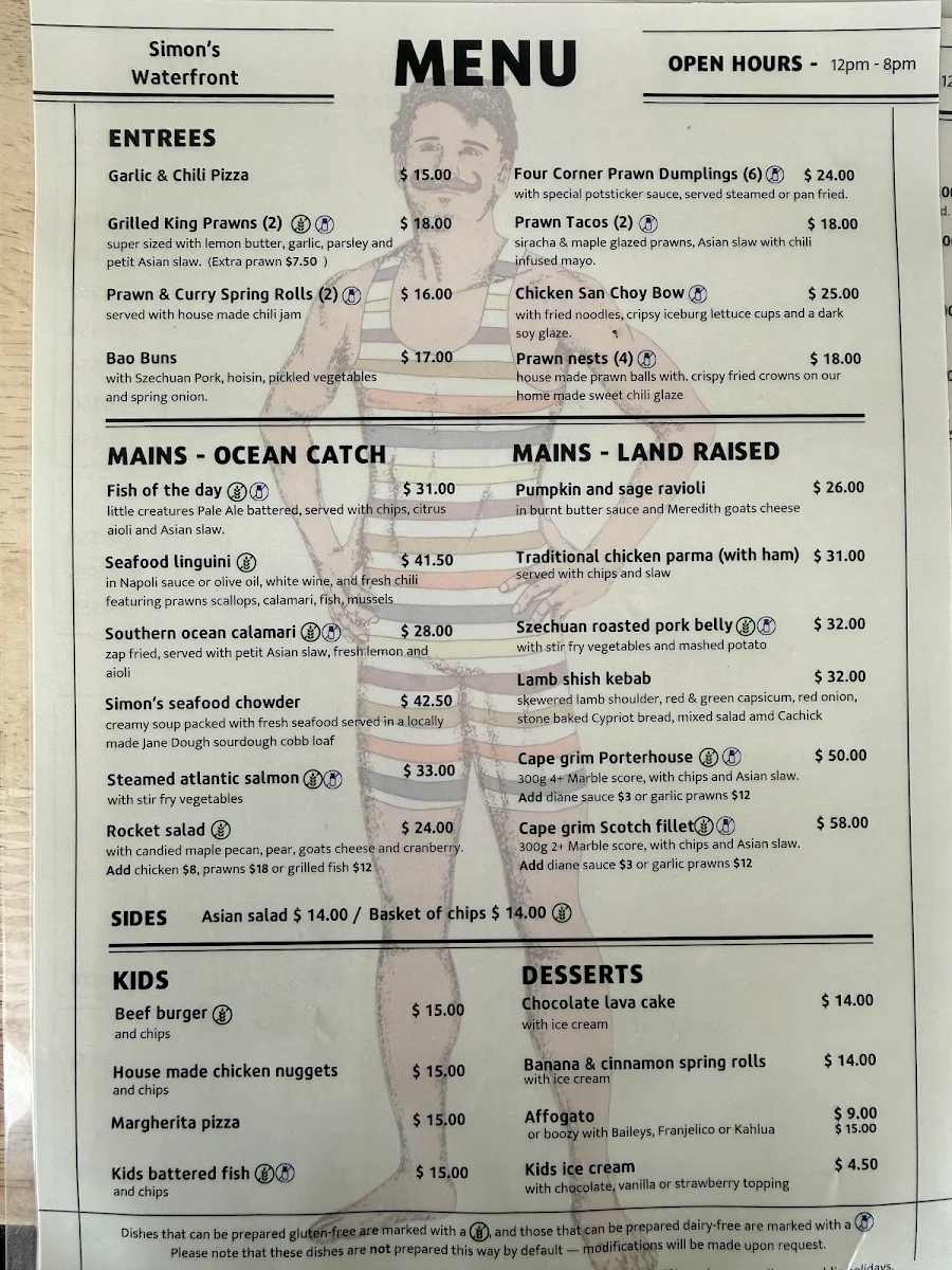 Menu, Seaview Warrnambool