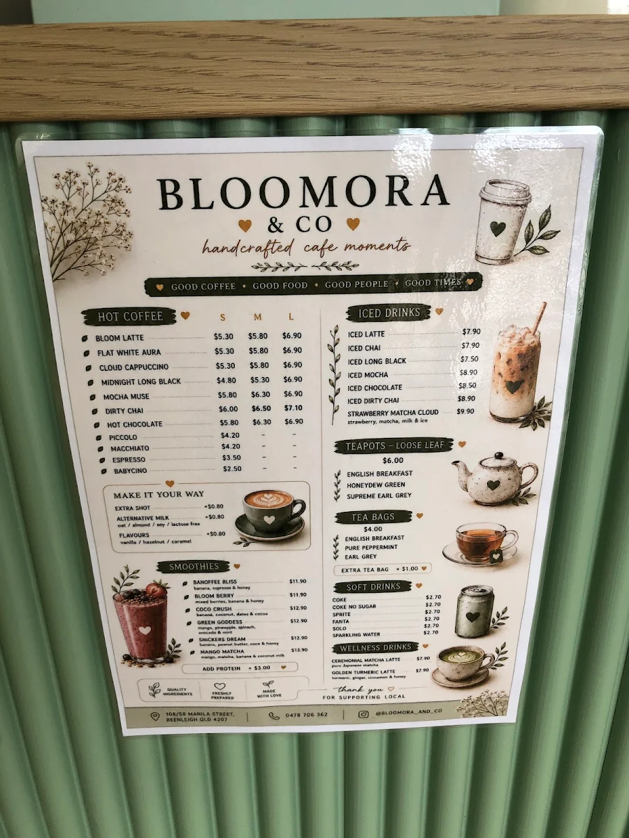 Menu, Bloomora Cafe