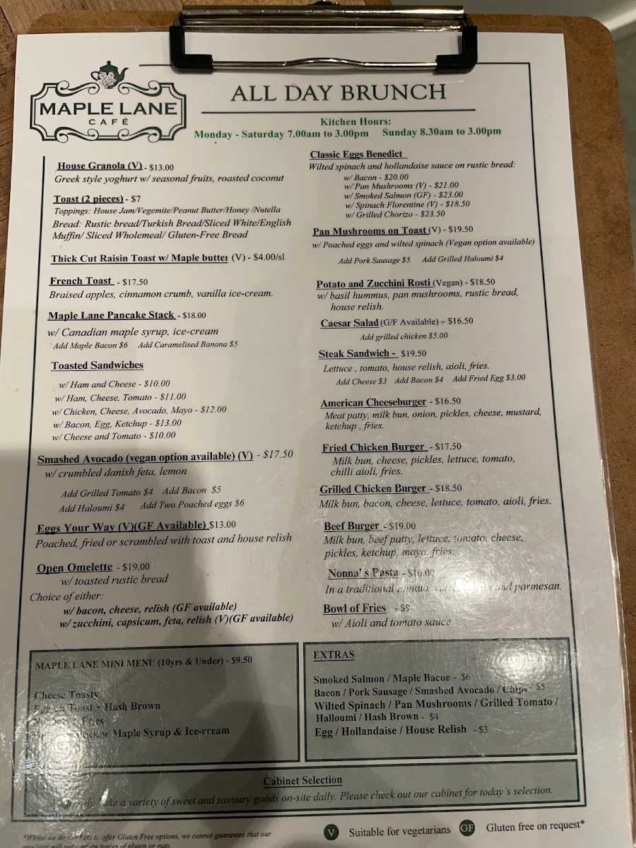 Menu, MAPLE LANE CAFÉ