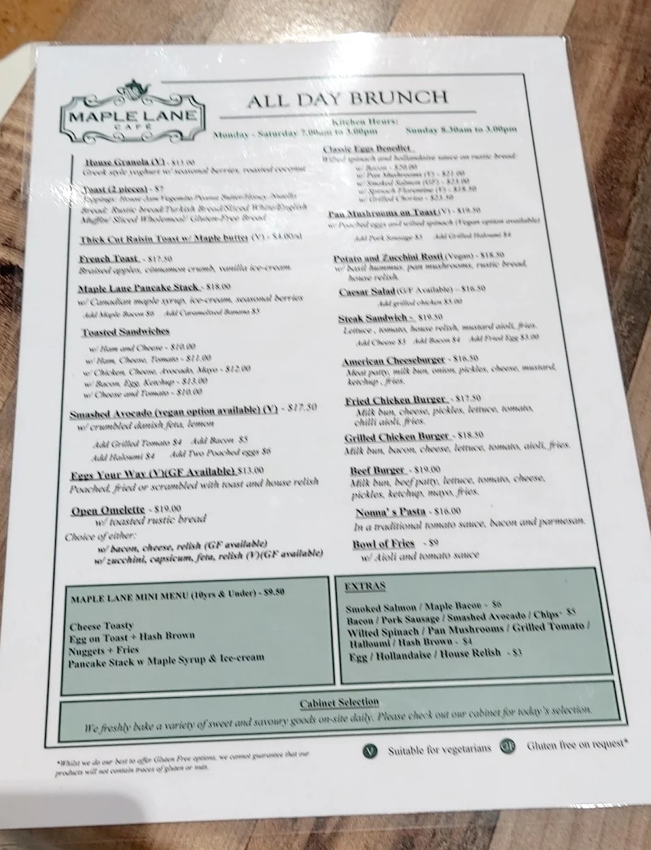 Menu, MAPLE LANE CAFÉ