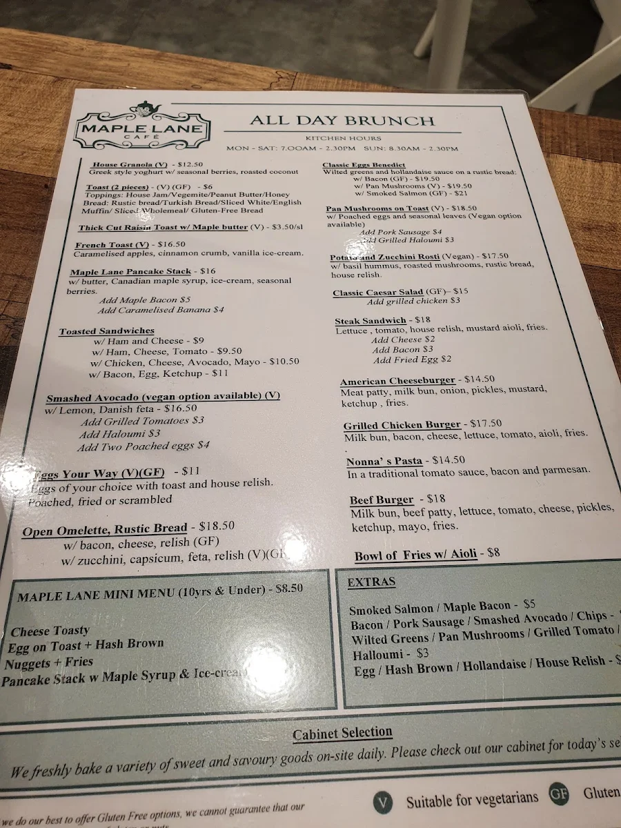 Menu, MAPLE LANE CAFÉ