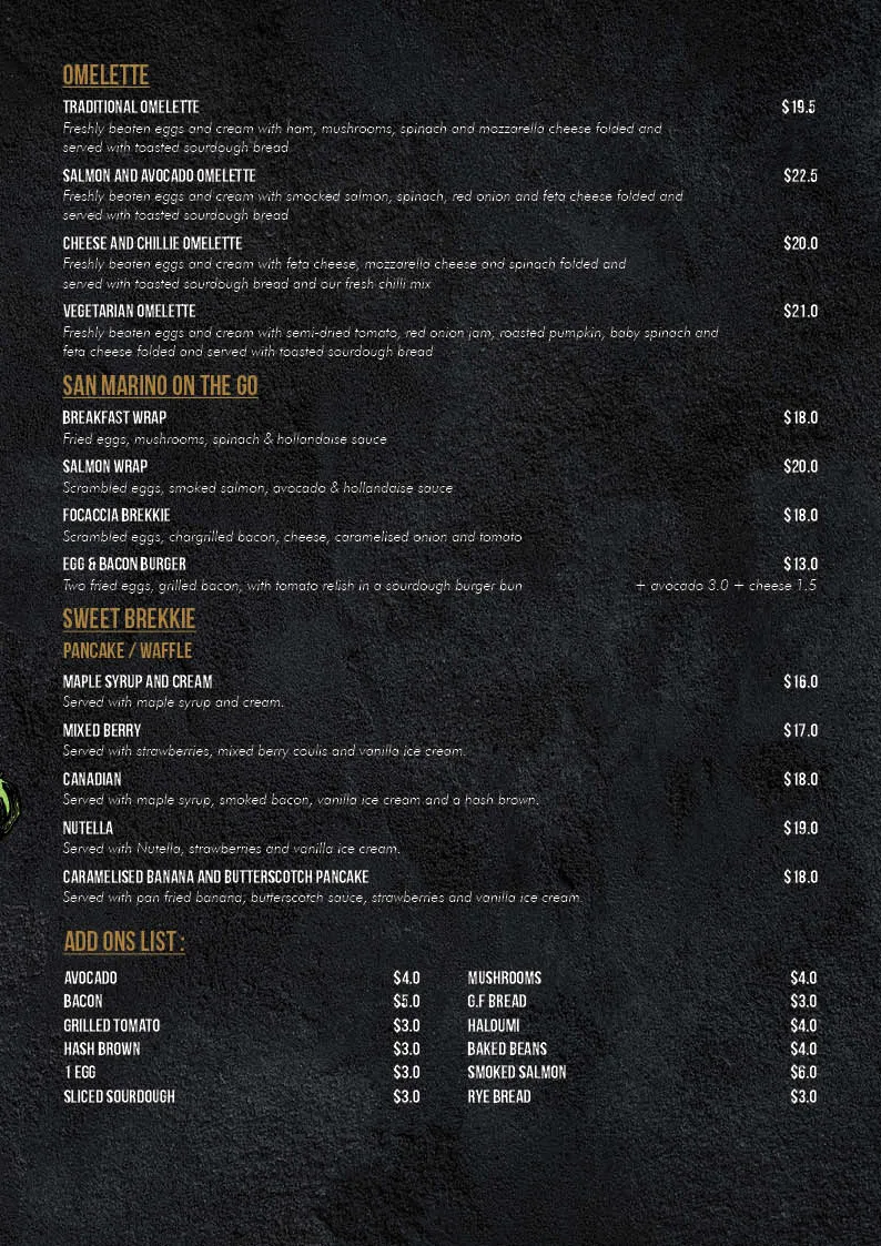 Menu, San Marino Cafe Ristorante