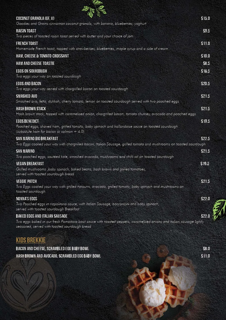 Menu, San Marino Cafe Ristorante