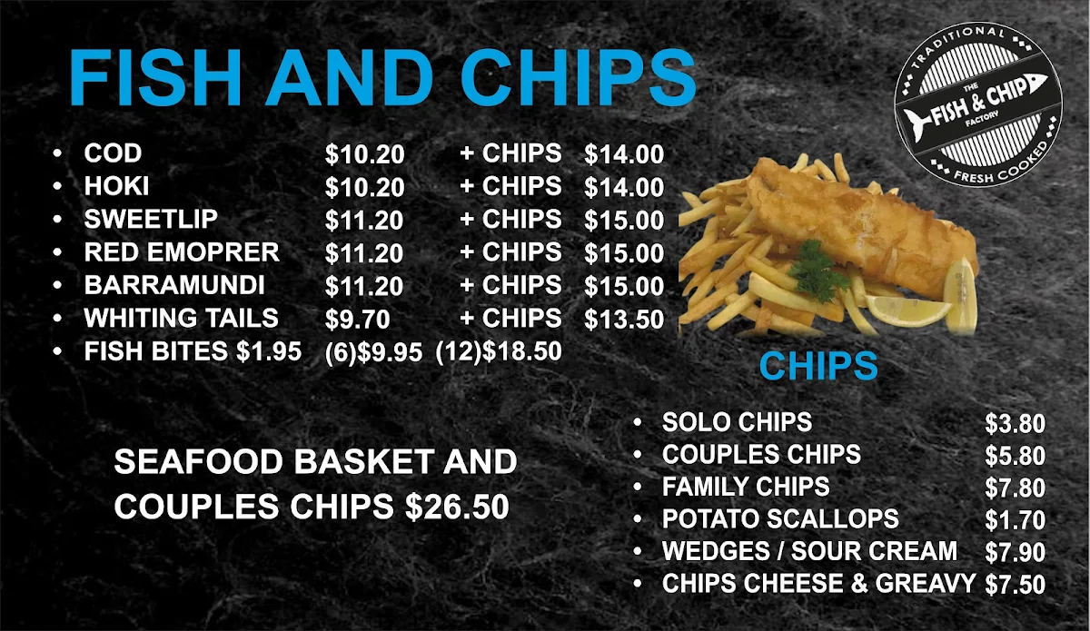 Menu, The Fish and Chip Factory