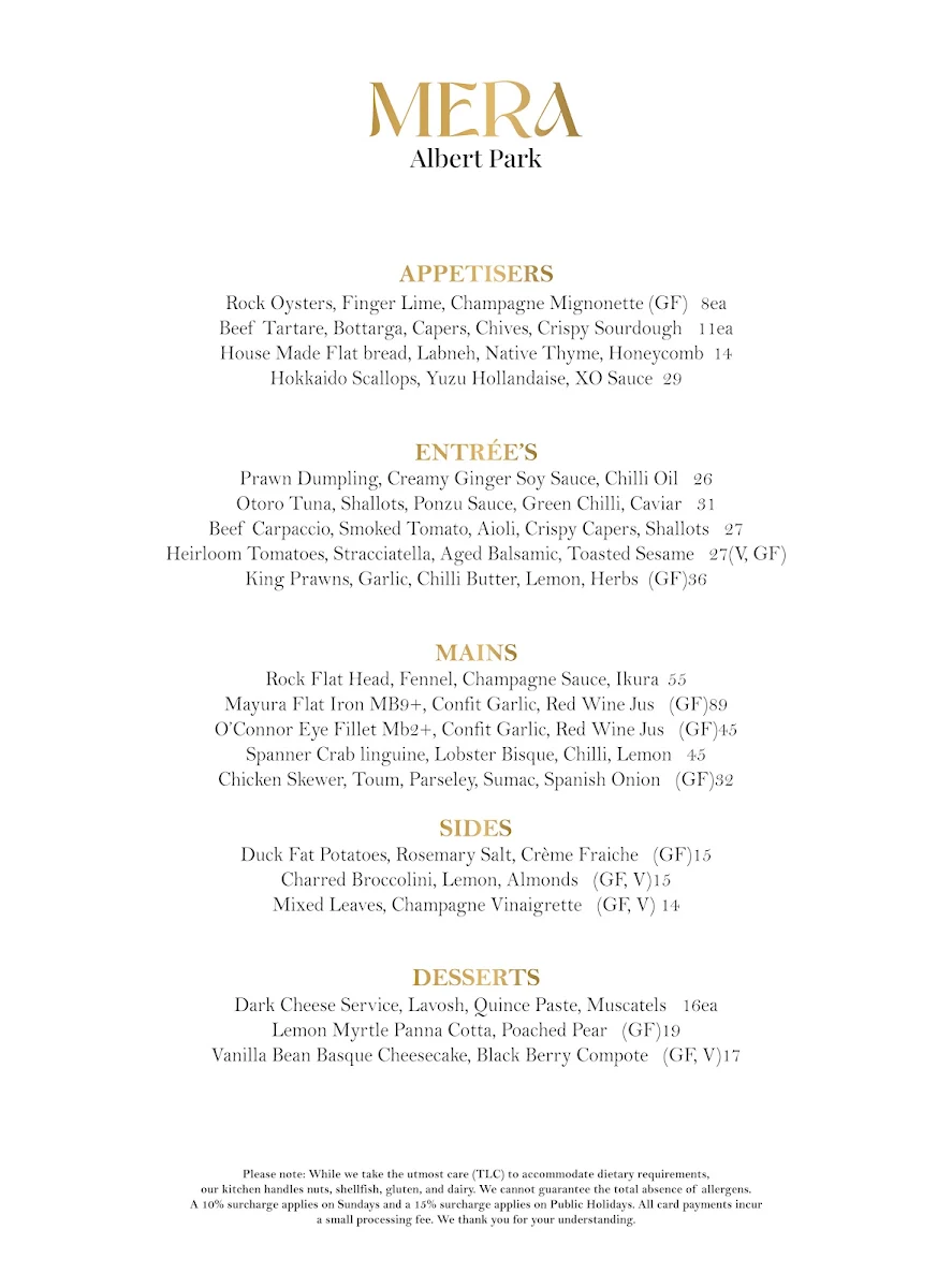 Menu, Mera Albert Park