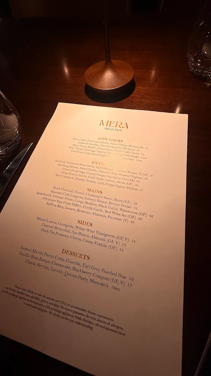 Menu, Mera Albert Park