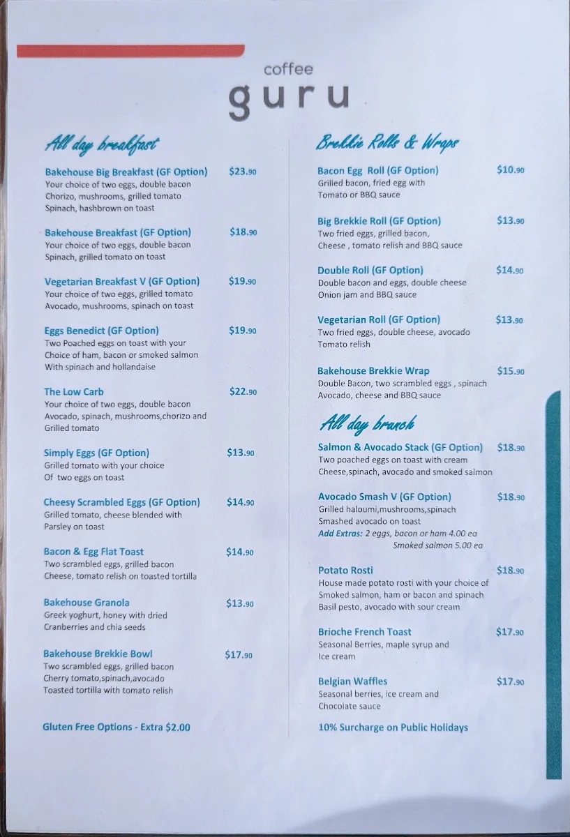 Menu, Guru Mawson Cafe and Bakehouse
