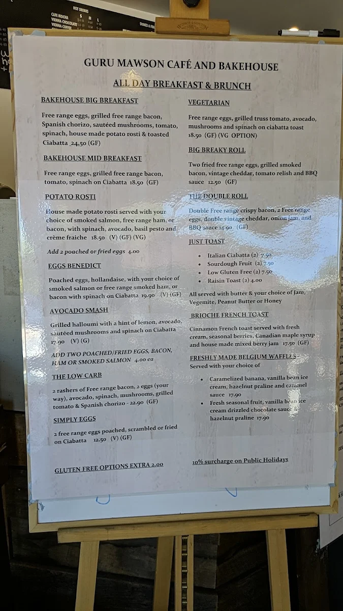 Menu, Guru Mawson Cafe and Bakehouse